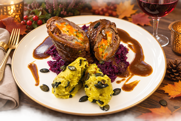 Rinderroulade mit glasierten Rotkraut und Kartoffelstampf mit Kürbiskernöl